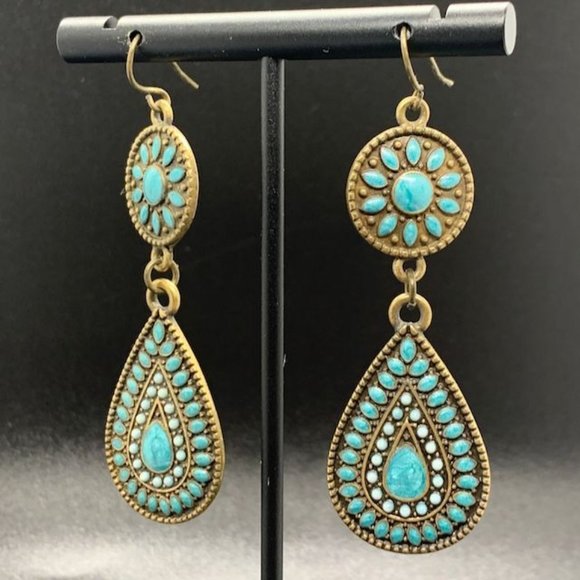 Brass Tone Turquoise Enamel Southwestern Dangle Earrings 2.75" - Picture 2 of 2